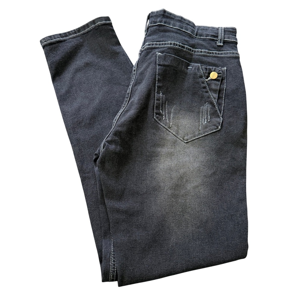 Black Contrast Stitch Button Pocket Denim Jeans Straight Leg Faded Wash 32x29